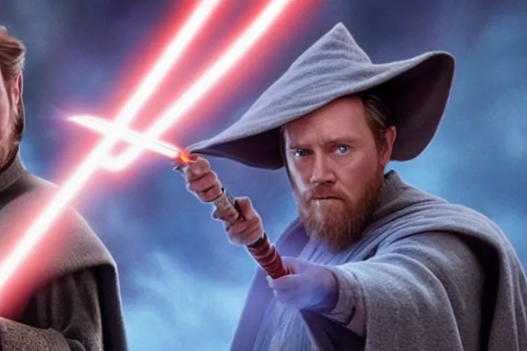 Image similar to film still, obi wan kenobi in a pointy hat casting lumos with a wand in the new harry potter movie,