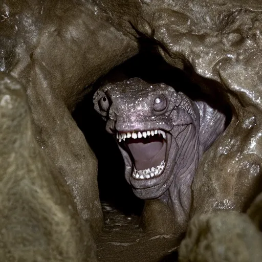 Image similar to photo inside a cavern of a wet reptilian humanoid putin with black eyes, open mouth and big teeth, partially hidden behind a rock