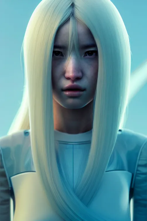 Image similar to upright and straight android women, scifi, futuristic design, bae suzy, long white hair, character design, cinematic lighting, highly detailed, by beeple, goro fujita, smooth gradient.