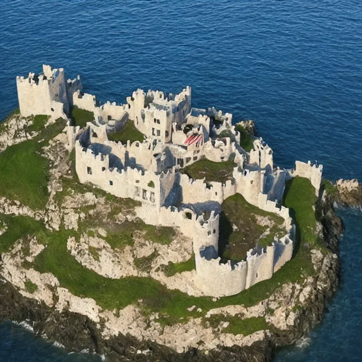 Prompt: aerial view of a punisher fortress from above on a hill by the ocean. castle shaped shaped exactly like the punisher symbol detailed