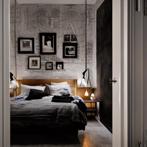 Prompt: a photo of a bedroom shot from the bathroom shot at night with art on the wall, dark and moody lighting, lived in, millennial vibes, highly detailed