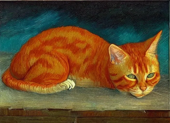 Image similar to detailed realistic realism painting of orange tabby cat fused combined with lasagna, at dusk, in the style of vincent van gogh and salvador dali and leonardo da vinci