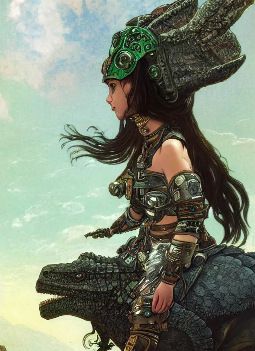 Image similar to portrait of a little cyborg warrior girl character sitting on top of a giant armored dinosaur bird flying in space, epic character with dark skin and beautiful green eyes. the girl has a very beautiful detailed symmetrical face, long black hair. diffuse night light, dramatic landscape, fantasy illustration, matte painting by mucha