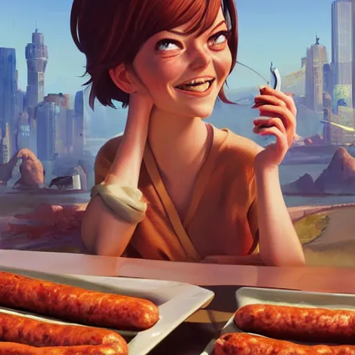 Image similar to emma stone happy to see flying big italian sausages by concept artist gervasio canda, behance hd by jesper ejsing, by rhads, makoto shinkai and lois van baarle, ilya kuvshinov, rossdraws global illumination radiating a glowing aura global illumination ray tracing hdr render in unreal engine 5