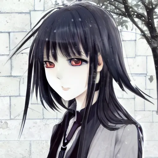 Image similar to 1 7 - year - old anime goth girl, black hair, long bob cut, long bangs, gothic coat, long bangs, united kingdom, rainy day, small town, midlands, english village, street scene, ultra - realistic, sharp details, cold lighting, blue and gray colors, intricate details, subsurface scattering, hd anime, 2 0 1 9 anime