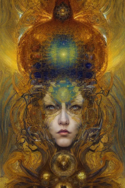 Image similar to Divine Chaos Engine by Karol Bak, Jean Deville, Gustav Klimt, and Vincent Van Gogh, beautiful visionary mystical portrait, sacred, otherworldly, fractal structures, ornate gilded medieval icon, third eye, spirals