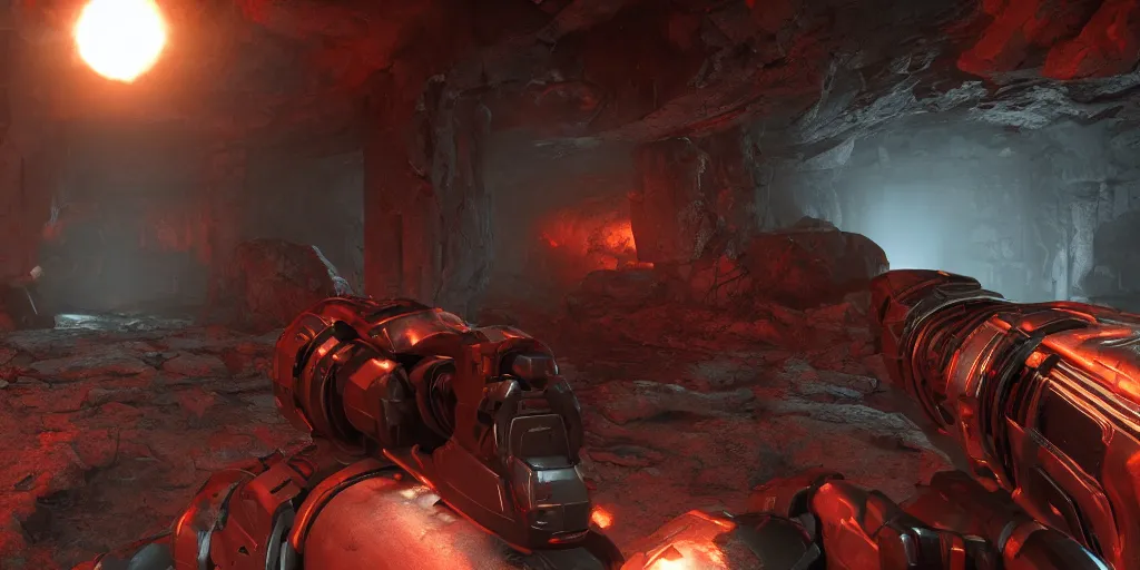 Image similar to doom 2 in the unreal engine, 8k, high detail, volumetric lighting, lensflare