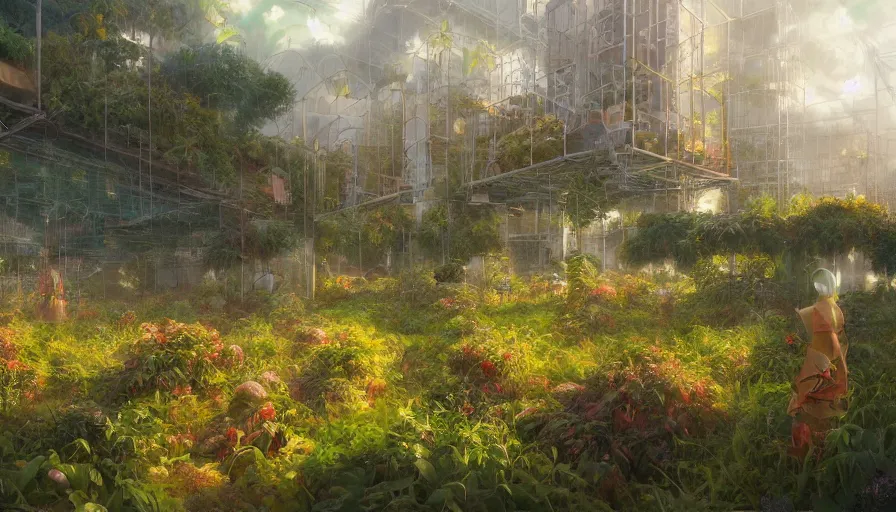 Image similar to craig mullins and ghibli digital illustration of solarpunk vertical farms, fields of crops and hydroponics under a force field, colorful, unreal engine, hyper realism, realistic shading, cinematic composition, realistic render, octane render, detailed textures, photorealistic, wide shot