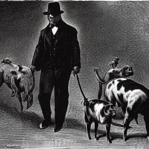 Image similar to a gentleman pig in a tuxedo, leading wild dogs on a leash, creepy, chiaroscuro, dark night, illustration by Gustave Doré,