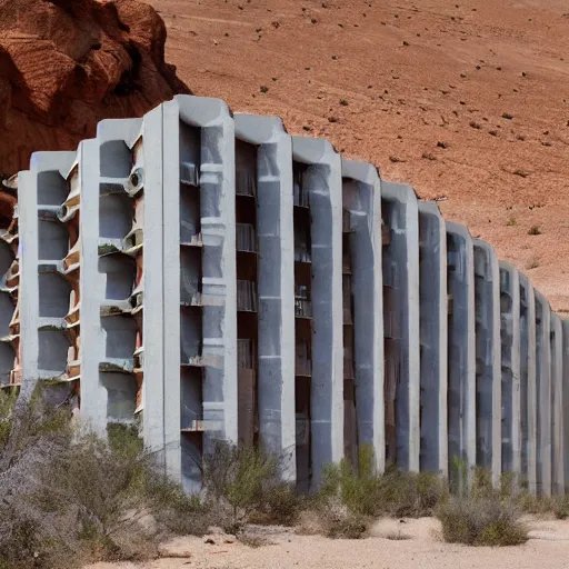 Image similar to big scale baby toy hotel in the dessert, brutalism