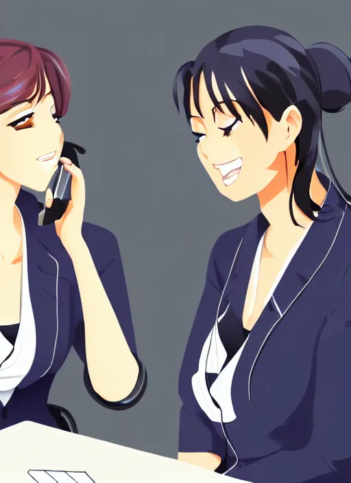 Prompt: two beautiful office ladies talking at work, gorgeous faces, thick lines, cinematic lighting, detailed anime art