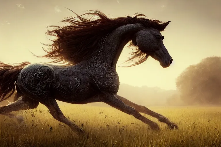 Prompt: a stunning horse, right anatomy, 4 legs, running through a meadow by greg rutkowski, high key lighting, volumetric light, digital art, highly detailed, fine detail, intricate, ornate, complex, octane render, unreal engine, photorealistic