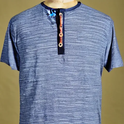 Image similar to a men's henley tshirt, with patchwork color fashion from the 8 0 s