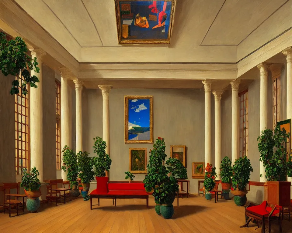 Prompt: an achingly beautiful print of the interior of an art museum with vibrant paintings covering every inch of the walls, potted plants, and classical antiquities by Raphael, Hopper, and Rene Magritte. detailed, romantic, enchanting, trending on artstation.