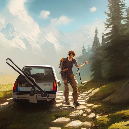 Prompt: etienne hebinger ilustration hiker unloading the car before camping, characterized by roman shipunov, cgsociety, cynical realism, fantasy art, 2 d game art