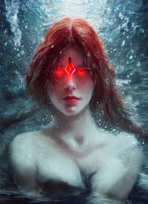 Image similar to A fancy portrait of the Scarlet Witch submerged in water by Greg Rutkowski, Sung Choi, Mitchell Mohrhauser, Maciej Kuciara, Johnson Ting, Maxim Verehin, Peter Konig, Bloodborne, 8k photorealistic, cinematic lighting, HD, high details, dramatic, atmospheric , trending on artstation