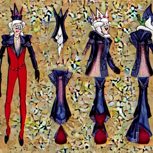 Image similar to clothing design ideas, concept sheet, jester crown tophat,