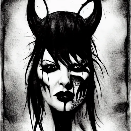 Prompt: goth punk from chicago, character portrait, ink drawing, black and white, concept art by tim bradstreet