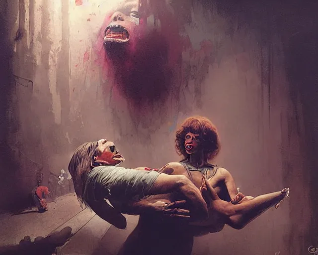 Prompt: underground carnival scene from a 7 0's movie by chris cunningham, kenneth anger and alejandro jodorowsky : : actor pulling an actress out of an animal's mouth : : ultra realistic, concept art, highly detailed by greg rutkowski, craig mullins, simon bisley