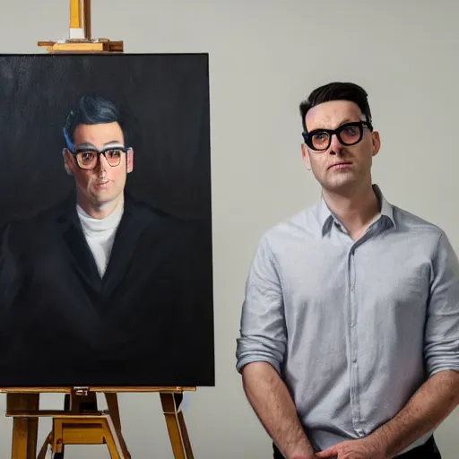 Prompt: painting portrait of dan levy, vivid 8 k, sharp depth of field, pristine global illumination.