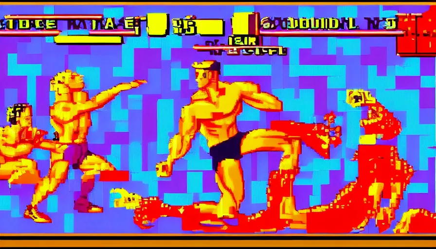 Prompt: beautiful still from retro snes arcade game featuring muscular gene kelly on steroids demanding a refund on undercooked overpriced dinosaur steak in downtown dive bar bistro, hyperreal detailed facial features and uv lighting, retro nintendo bitmap pixel art