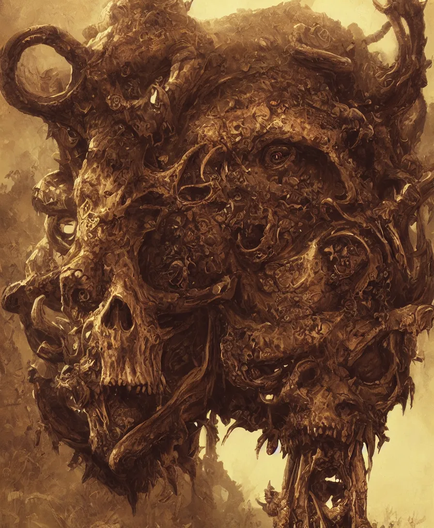 Image similar to portrait close up giant skull and bones devil, illustrated by Simon Stålenhag and Gaston Bussiere, intricate, ultra detailed, photorealistic, trending on artstation