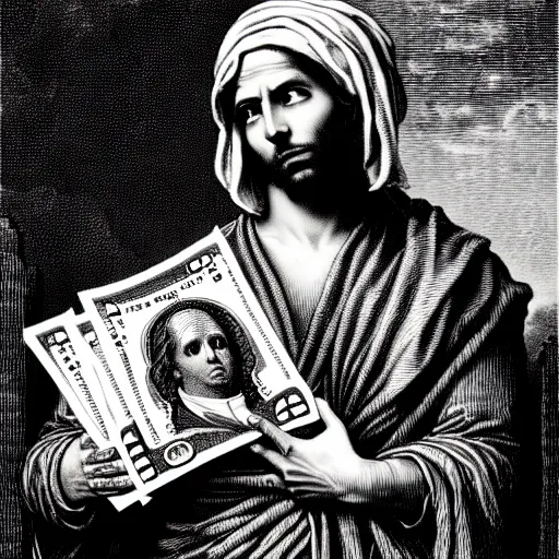 Image similar to lil durk rapper holding stacks of cash, biblical image, style of gustave dore, highly detailed, beautiful, high contrast, black and white