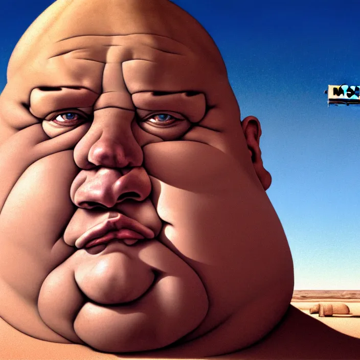 Image similar to hyperrealistic mixed media portrait of a moridly obese man using an ATM machine in the middle of a barren desert wasteland, despair, depressing and hopeless vibe, stunning 3d render inspired art by P. Craig Russell and Barry Windsor-Smith + perfect facial symmetry + dim volumetric lighting, 8k octane beautifully detailed render, post-processing, extremely hyperdetailed, epic composition, grim yet sparkling atmosphere, cinematic lighting + masterpiece, trending on artstation