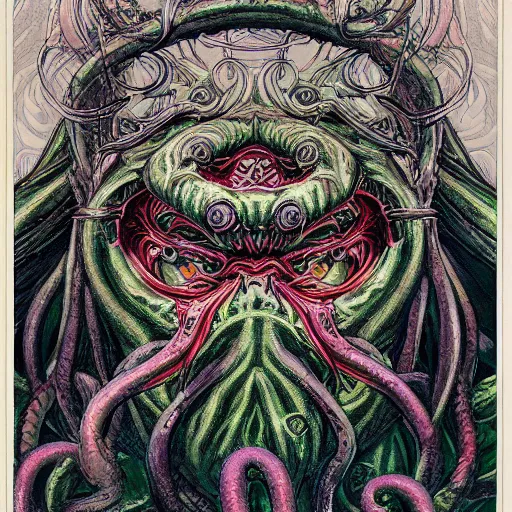 Image similar to portrait of cthulhu, symmetrical, by yoichi hatakenaka, masamune shirow, josan gonzales and dan mumford, ayami kojima, takato yamamoto, barclay shaw, karol bak, yukito kishiro