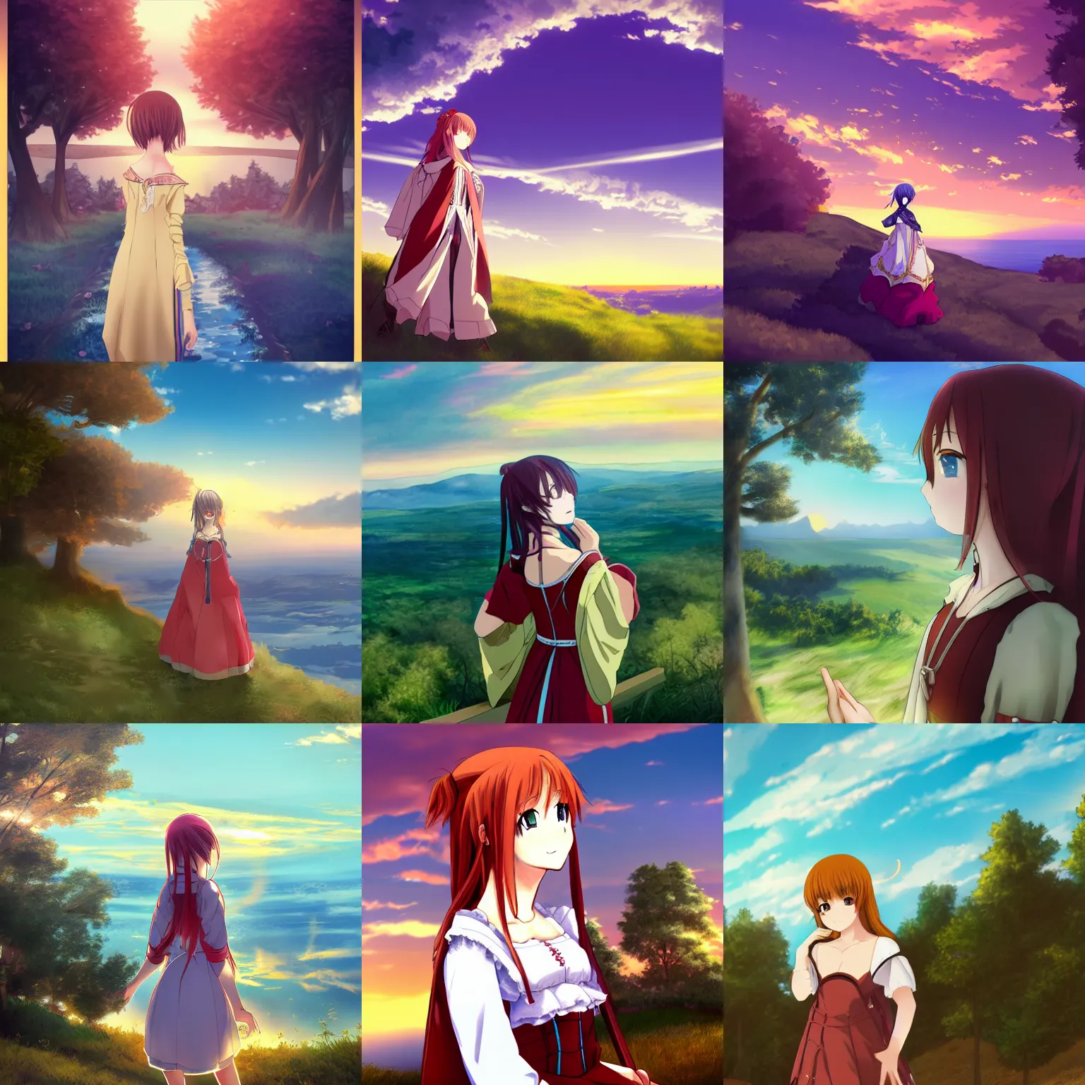 Prompt: anime teen in renaissance dress looks to beautiful horizon, rock, trees, sunset, polaroid, 4k, 8k, hd, high-detailed, artstation trending, award winning