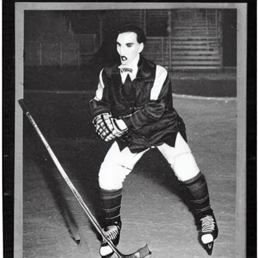 Prompt: photo of Dracula playing hockey