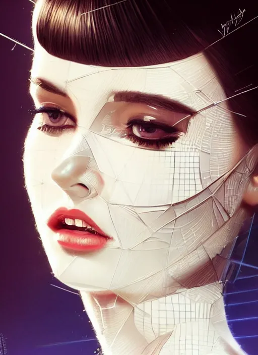 Image similar to photorealistic portrait of female humanoid, highly intricate, retro 6 0 s haute couture fashion, elegant, highly detailed, crispy quality and cyber neon light reflections, artstation, pinterest, glamor pose, no signature, no watermark, art by artgerm and greg rutkowski