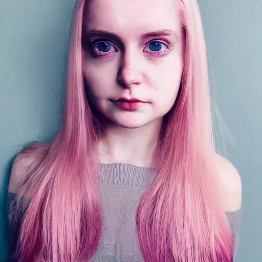 Image similar to a pale girl with pink hair and yellow eyes, soft facial features, looking directly at the camera, neutral expression, instagram picture