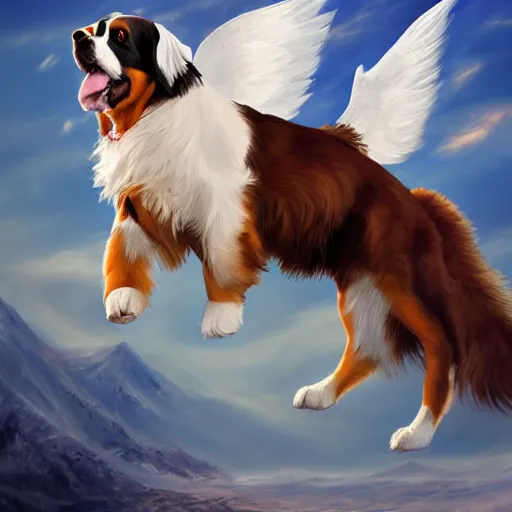 Image similar to an angel riding a giant Bernese mountain dog in heaven, trending on artstation