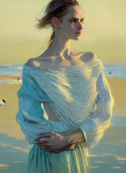 Image similar to portrait of a beautiful girl, sea dunes backdrop, sad, pastel shades of light blue and light yellow, beautiful face, rule of thirds, intricate outfit, spotlight, by greg rutkowski, by jeremy mann, by francoise nielly, by van gogh, by rineke dijkstra, digital painting