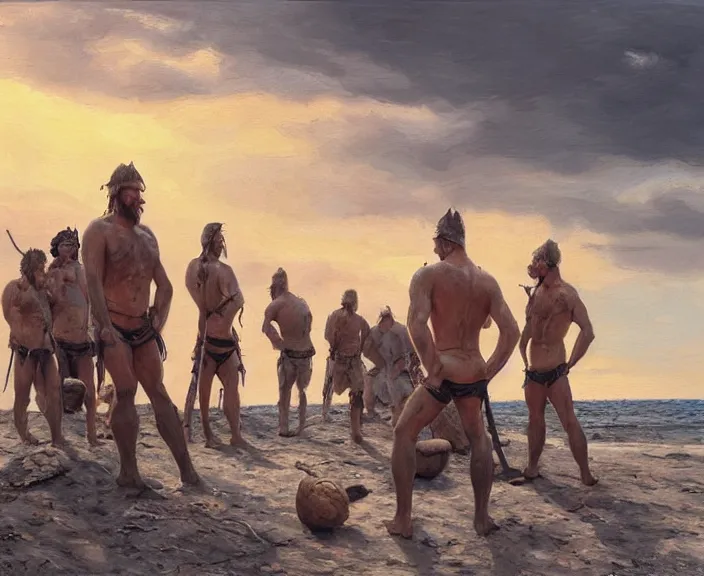 Image similar to barbarian men wait patiently for sunset, art by denys tsiperko and bogdan rezunenko, hyperrealism
