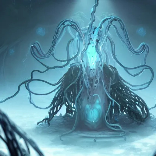 Image similar to screenshot of end game boss that is a chained ethereal ghostly wraith like figure with a squid like parasite latched onto its transparent skull and long tentacle arms that flow lazily but gracefully at its sides like a cloak while it floats around a frozen rocky tundra in the snow searching for lost souls and that hides amongst the frozen underbrush, this character has hydrokinesis and electrokinesis for the resident evil village video game franchise with inspiration from the franchise Bloodborne