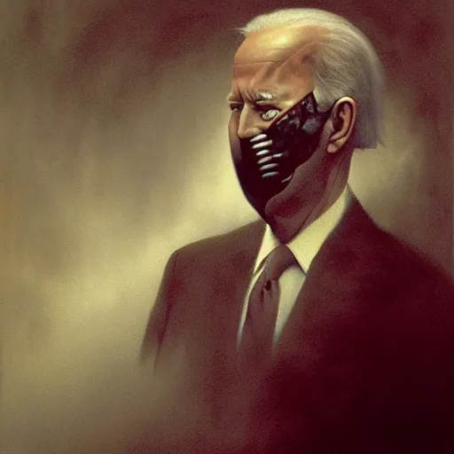 Image similar to presidential portrait of joe biden with shadowy mist pouring from mouth and nose as slenderman, by beksinski, jon mcnaughton, and stephen gammell