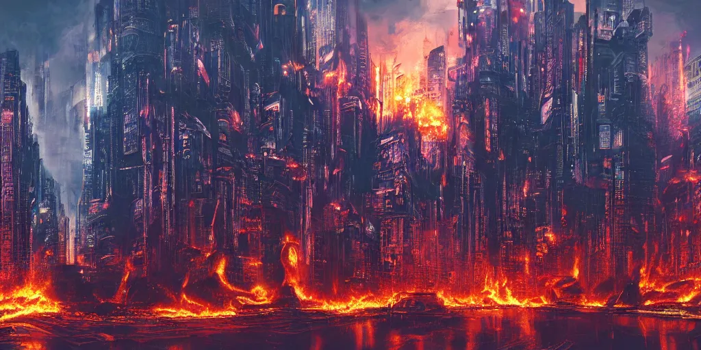 Prompt: cyberpunk city engulfed in flames, wide angle shot, realist painting