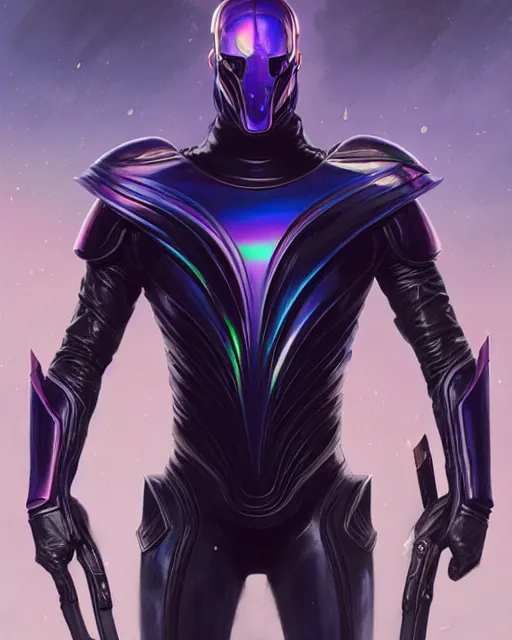 Image similar to character concept of iridescent sinewy smooth muscular male sleek glossy indigo black pearlescent scifi armor with smooth black faceless featureless helmet, by greg rutkowski, mark brookes, jim burns, tom bagshaw, magali villeneuve, trending on artstation