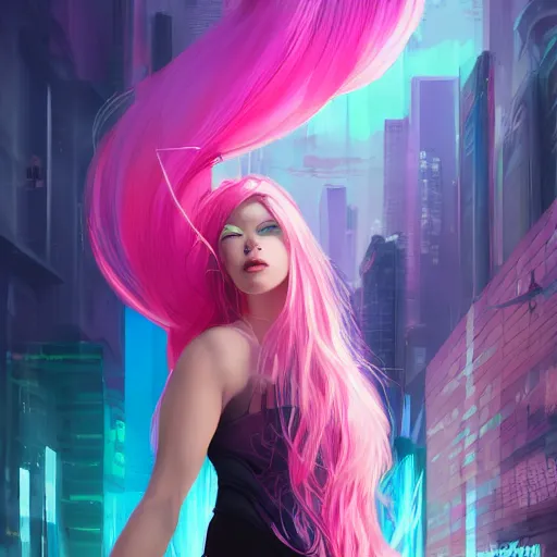 Prompt: Lady with pink hair staring into Centrentropy standing in a city scape of the unknown by Ross Tran, discord taken from life, cynicalism of the ninth dimension, splitting mass into a transferance of light, background of a neon dimension of vivid reality, HD, illustration trending on artstation