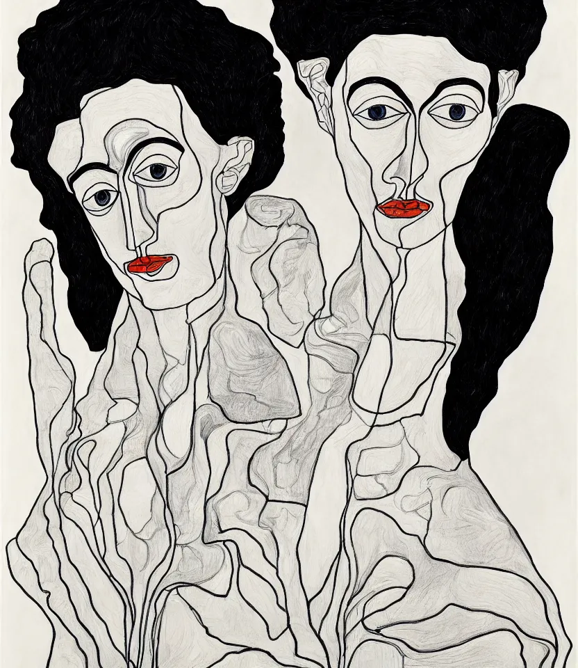 Image similar to detailed line art portrait of georgia o'keeffe, inspired by egon schiele. caricatural, minimalist, bold contour lines, musicality, soft twirls curls and curves, confident personality, raw emotion