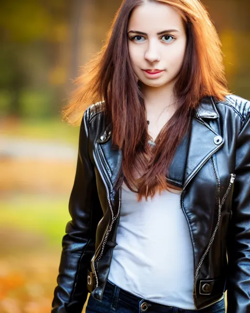 Prompt: young woman in her 20s, she wears a leather jacket and boots, full body view, taken by a nikon, very detailed face