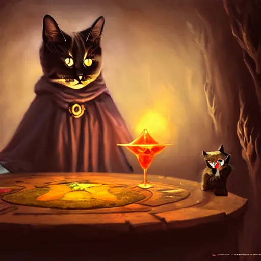 Prompt: Oil Painting of Cat Witch, Anthropomorphized, evil, brewing potion in witch Hut, magic the gathering artwork, horror, D&D, fantasy, cinematic lighting, centered, symmetrical, highly detailed, digital painting, artstation, concept art, smooth, sharp focus, illustration, volumetric lighting, epic Composition, 8k, art by Akihiko Yoshida and Greg Rutkowski and Craig Mullins, oil painting, cgsociety