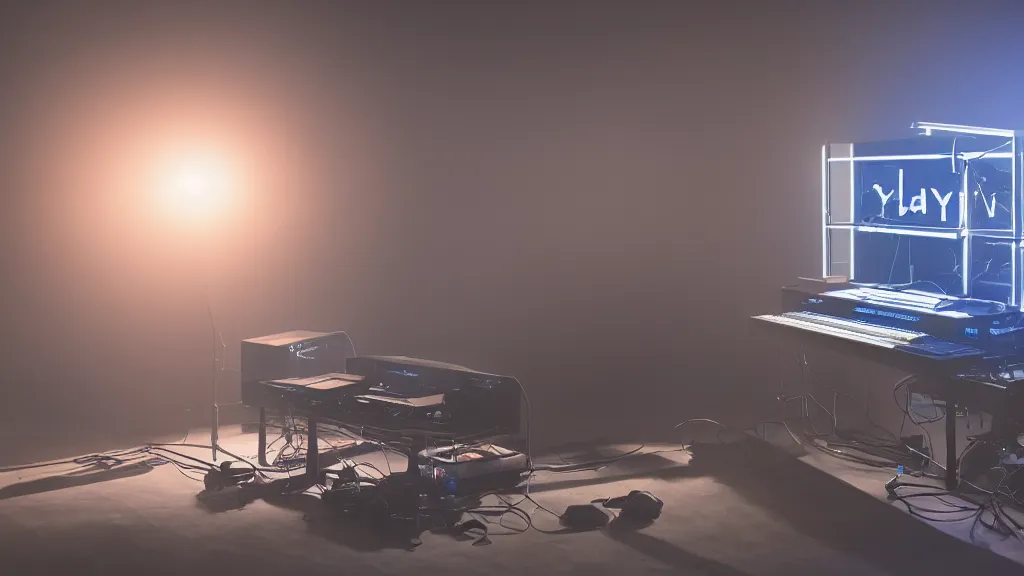 Image similar to a synthesizer, white balance, 8 k, rim lighting, led, lumen global illumination, glowing, glow - in - the - dark, fog, ray tracing reflections