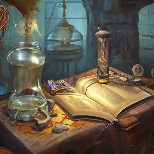 Image similar to hyper real, table, magic book, wizards laboratory, tony sart, mortar, pestle, scales, energy flowing, ancient brown map, beakers of colored liquid