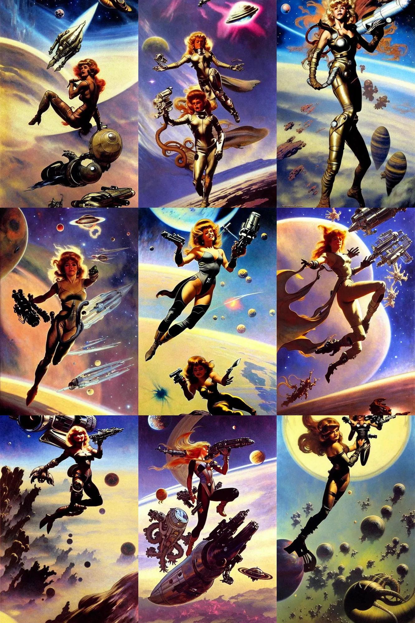 Prompt: barbarella in space flying around with her jetpack, firing her space pistol at a giant space octopus, photorealistic painting by frank frazetta and greg rutkowski and alphonse mucha, very detailed, cool sepia tone colors, awesome planet in the foggy background visible at the horizon