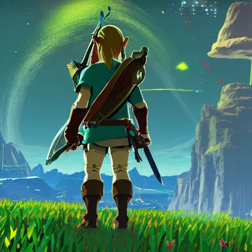 Image similar to <https://s.mj.run/lL-gCjhqJMs> legend of zelda breath of the wild, No mans Sky, red ,minimalistic