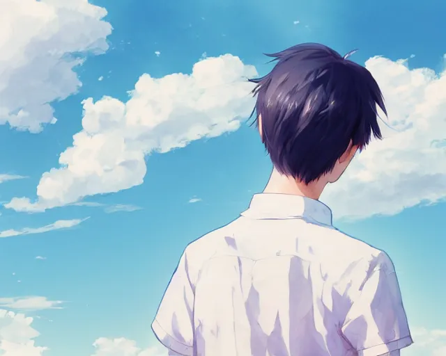 Image similar to teen looking at blue sky, wearing white shirt, back turned, looking up, illustration, by pine ( ハイネ ) and 薯 子 imoko and 香 川 悠 作 and wlop and maya takamura, highly detailed, trending artstation, pixiv, digital art