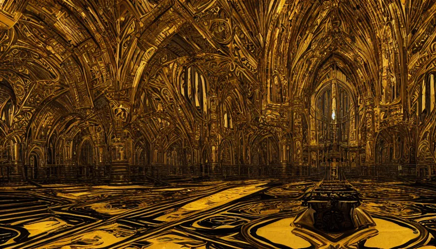 Prompt: Interior of a black and gold church, hyperdetailed, artstation, cgsociety, 8k